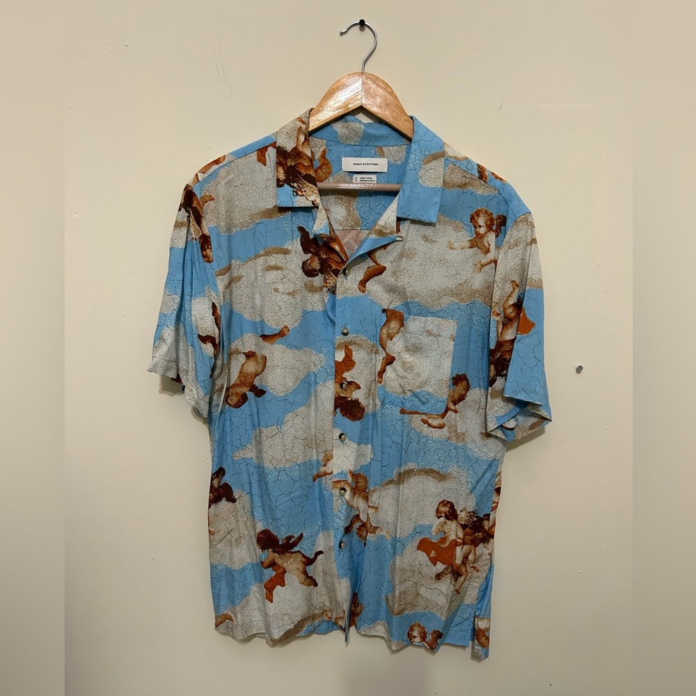 Urban Outfitters All Over Cherub Print Button Down Short Sleeve Shirt